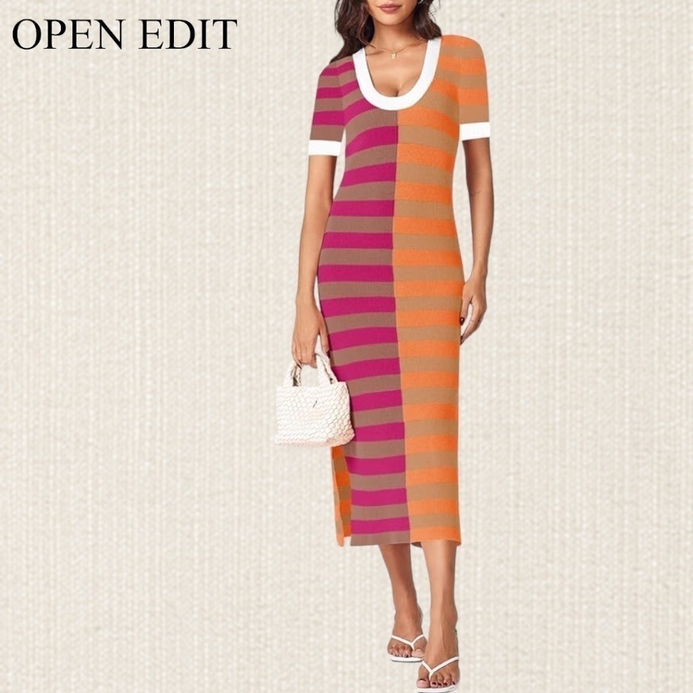 OPEN EDIT Striped ColorBlock Short Sleeve Scoop Neck Sweater Midi Dress NWT/MD - Picture 3 of 14